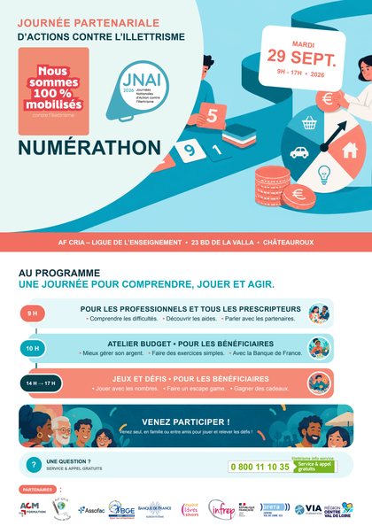 Affiche du Numérathon, mardi 29 septembre de 9h à 17h, AF CRIA – Ligue de l'Enseignement, 23 bd de la Valla, Châteauroux